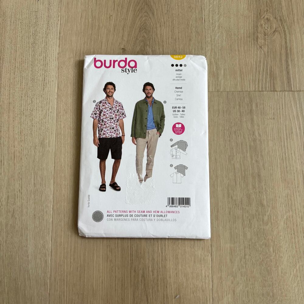 Burda Style NEW Men's Shirt Pattern Number 5842 Sizes 38-48